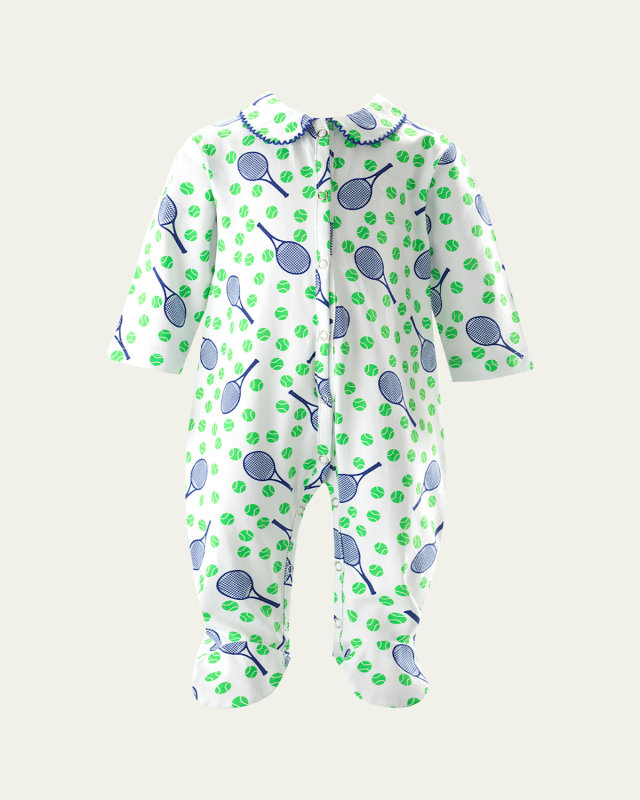 Boy's Tennis-Print Footie, Size Newborn-12
